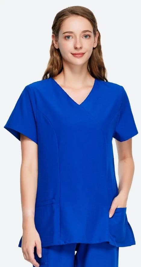 Royal blue V-neck scrub top with front pockets, from the supplied catalogue