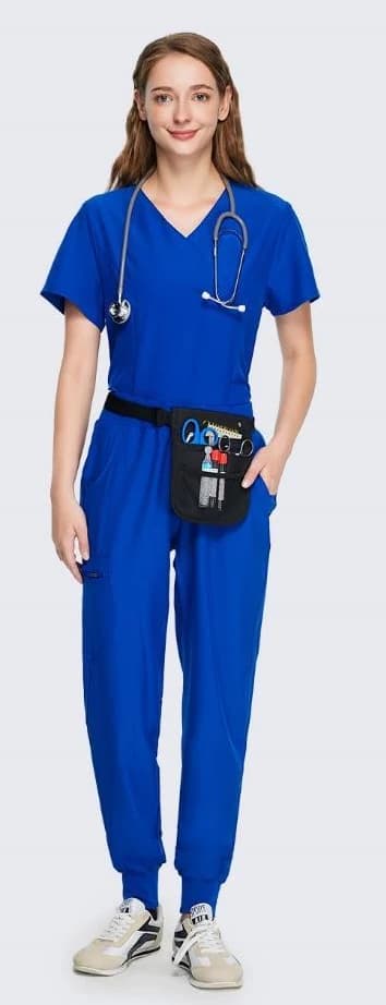 Royal blue V-neck scrub set with cuffed trousers, from the supplied catalogue