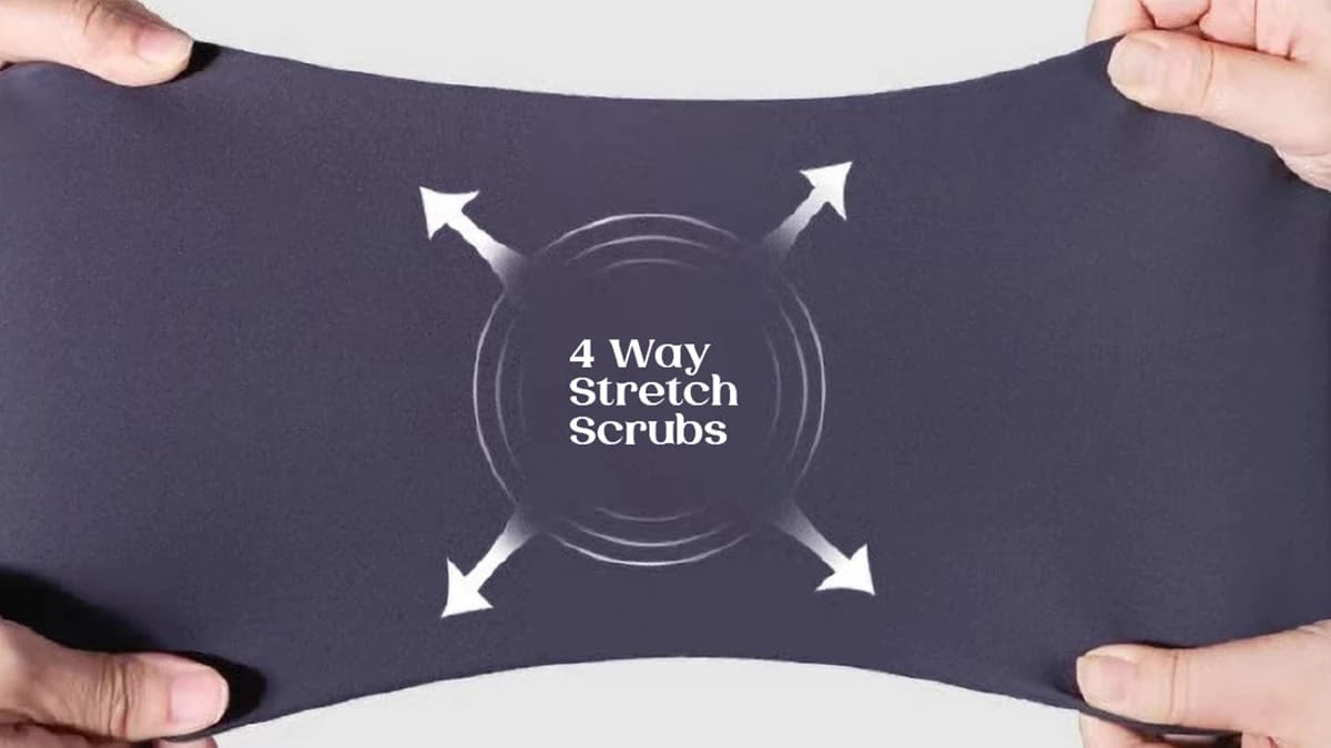 Hands stretching fabric with four directional arrows and the supplied words 4 Way Stretch Scrubs